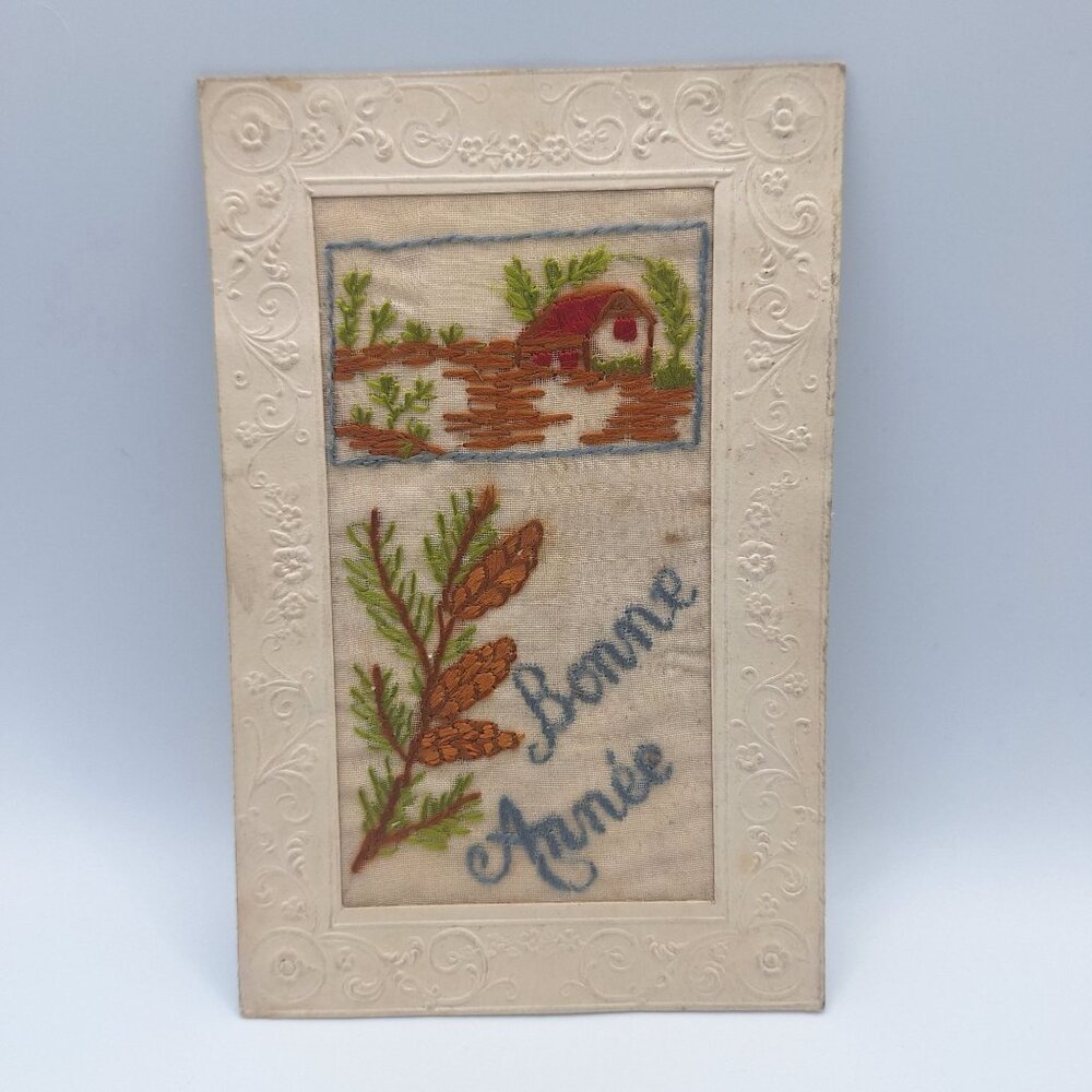 Vintage PR Bonne Année Embroidered Postcard Cottage Pinecones Embossed Frame Fra